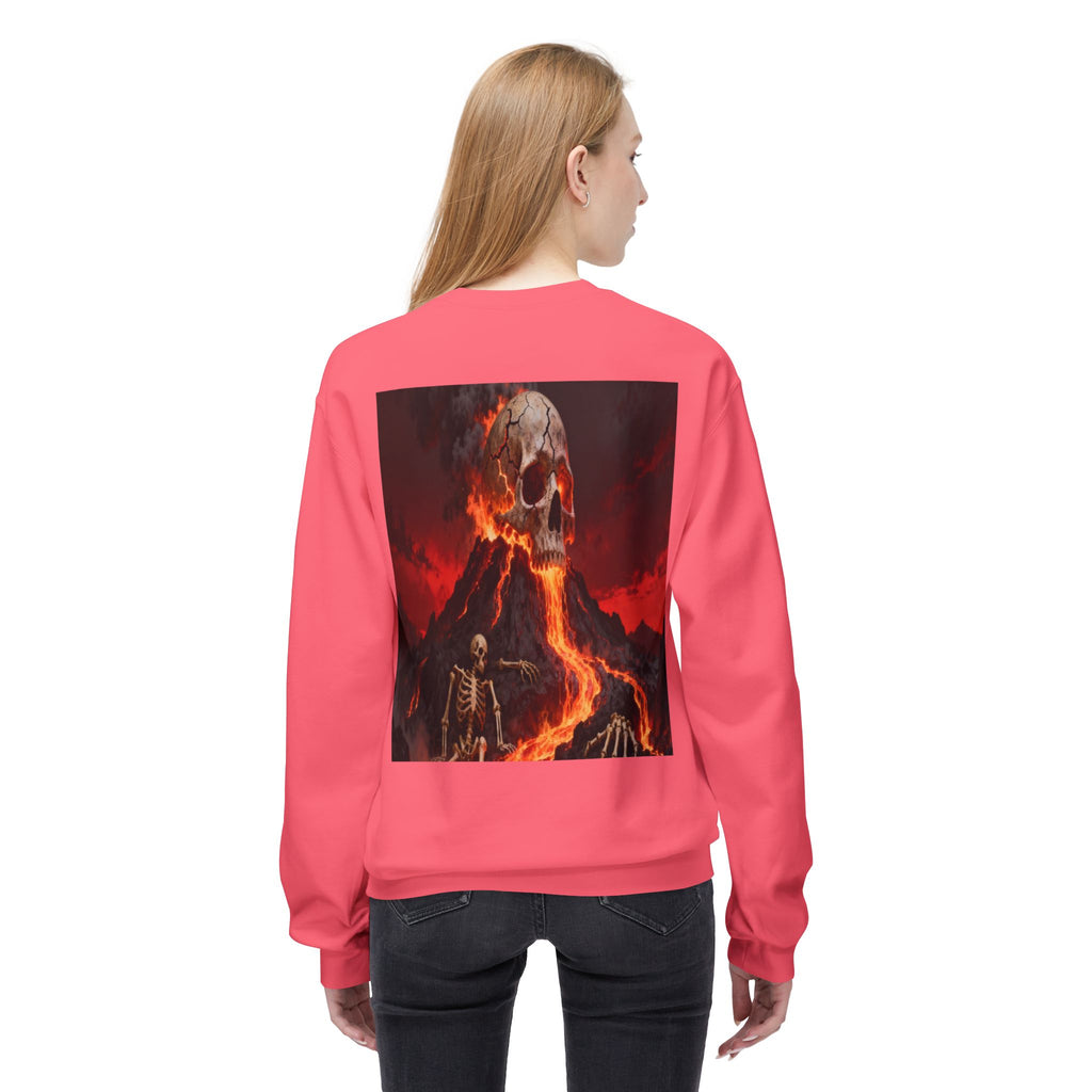 Raven on Skull Crewneck Sweatshirt | Skull Volcano Back Print