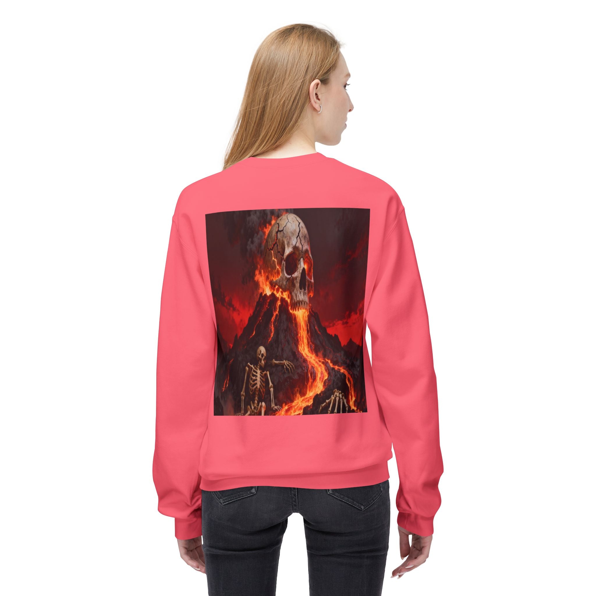 Raven on Skull Crewneck Sweatshirt | Skull Volcano Back Print