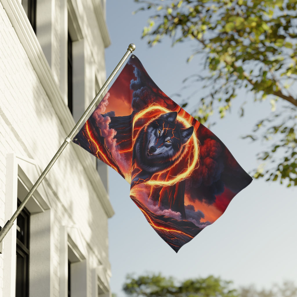 Fiery Wolf with Lava Ring Flag | Double-Sided Flag, Volcano Night Scene