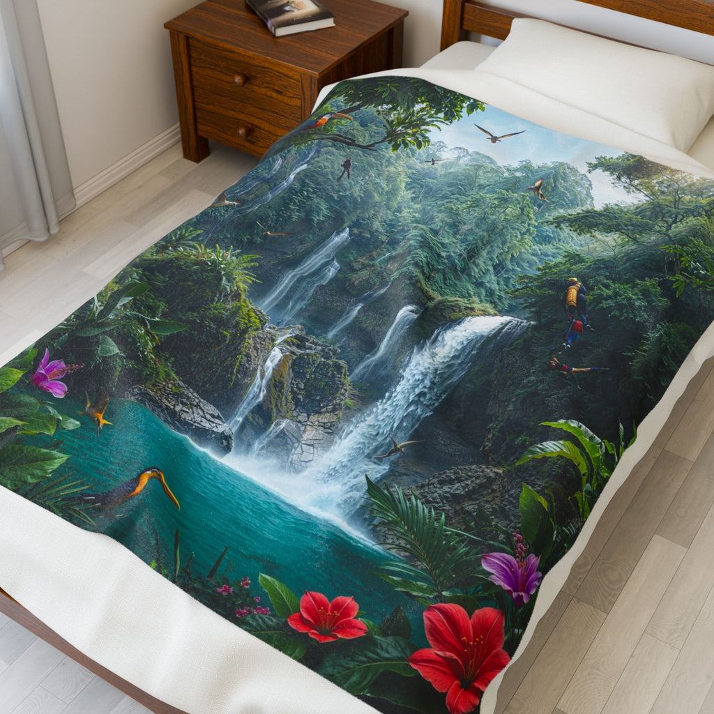 Tropical Waterfall Scene Velveteen Plush Blanket | Jungle Birds, Hibiscus