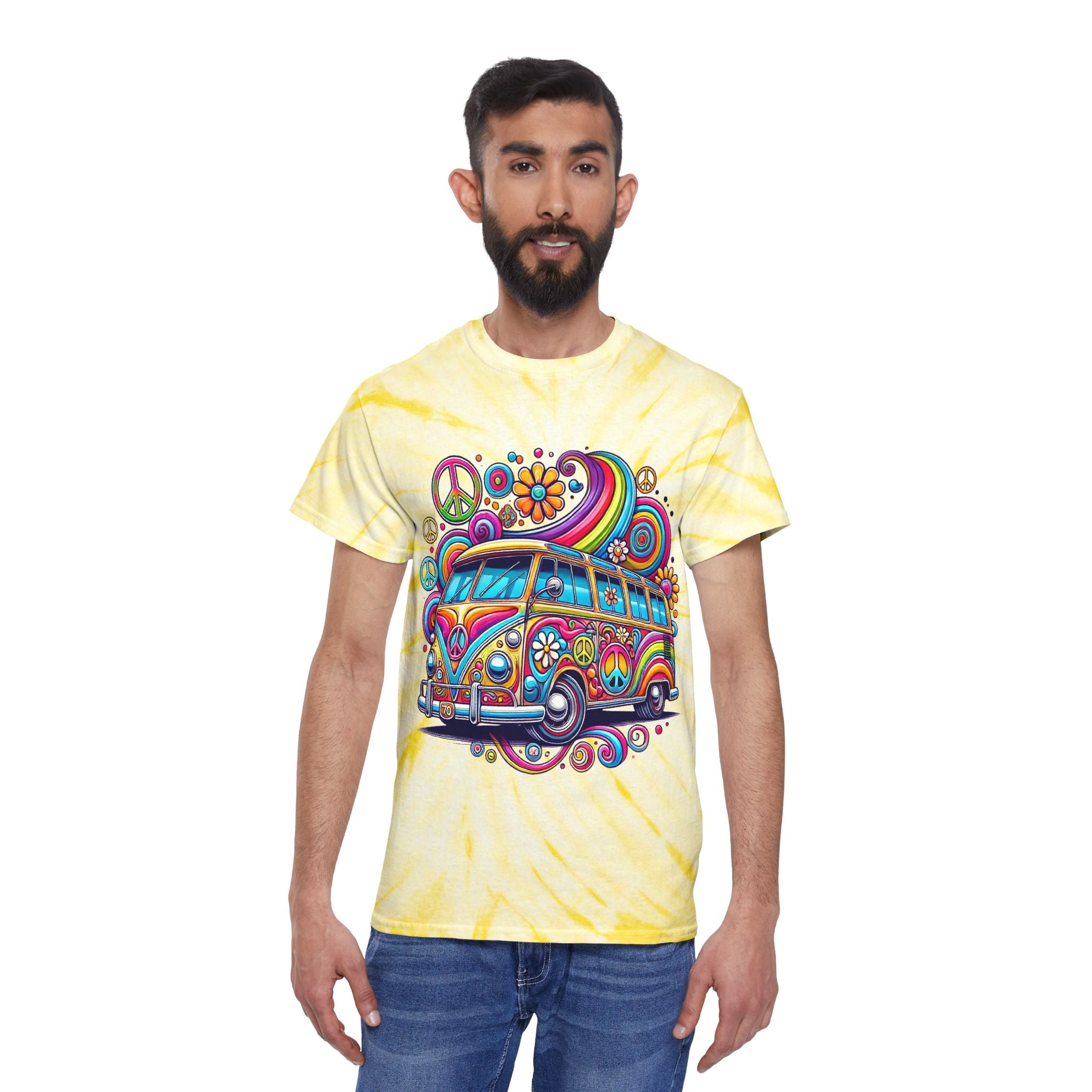 Psychedelic VW Bus Tie-Dye Tee — Retro Peace & Flower Power Graphic