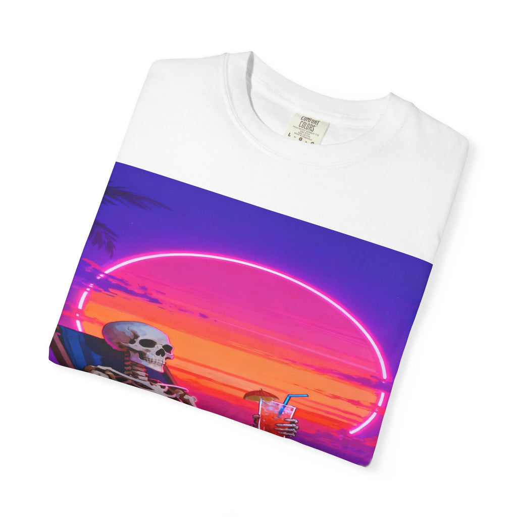 Skeleton on Beach T-shirt | Retro Neon Sunset Vaporwave
