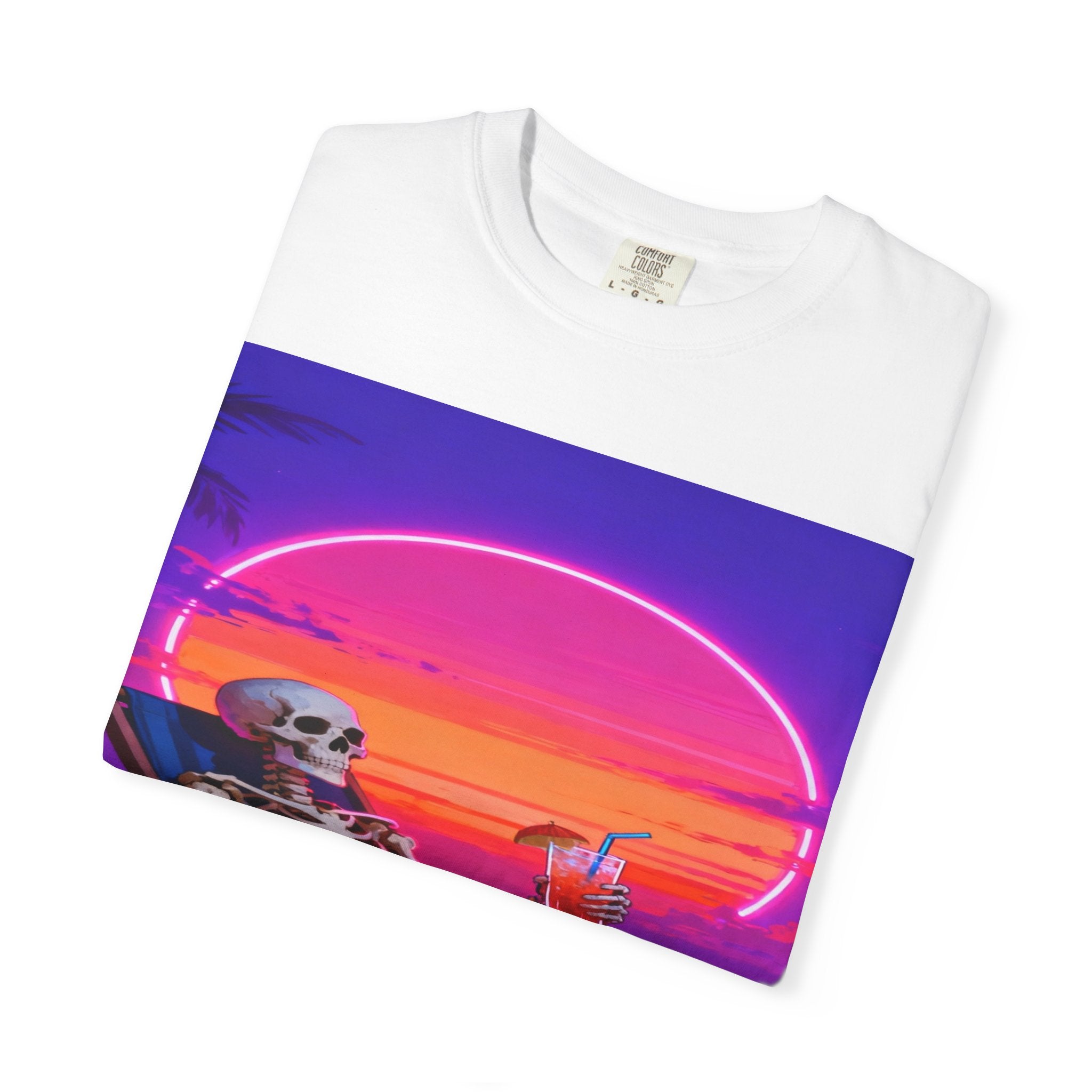 Skeleton on Beach T-shirt | Retro Neon Sunset Vaporwave