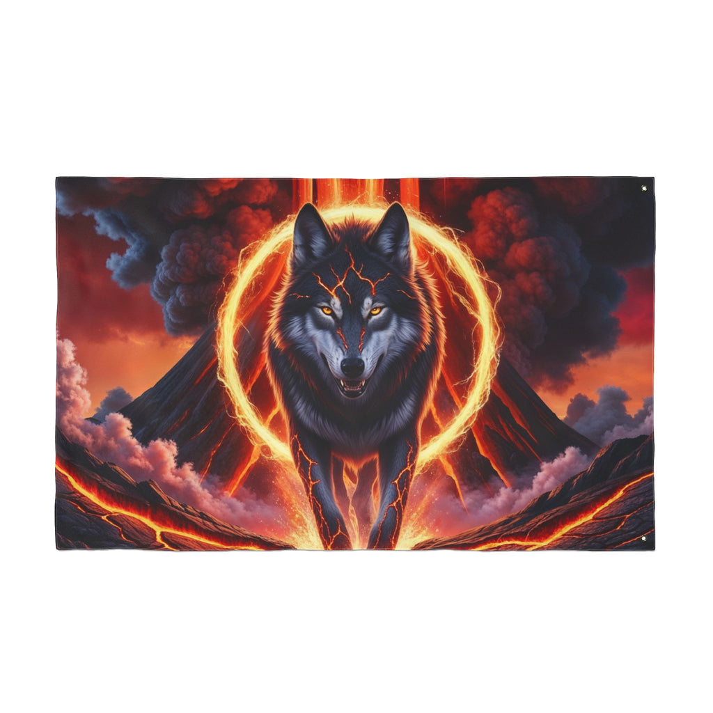 Fiery Wolf with Lava Ring Flag | Double-Sided Flag, Volcano Night Scene