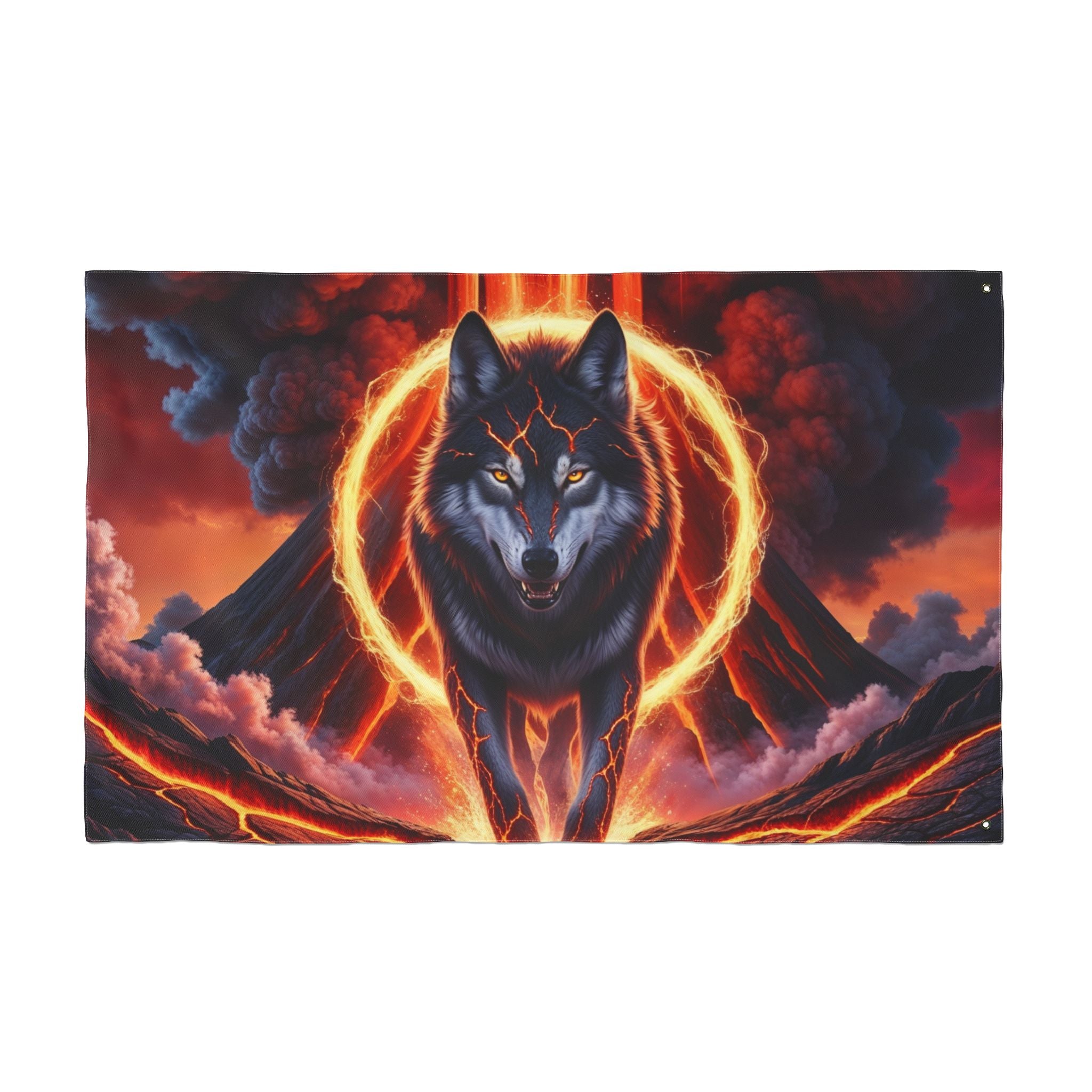 Fiery Wolf with Lava Ring Flag | Double-Sided Flag, Volcano Night Scene