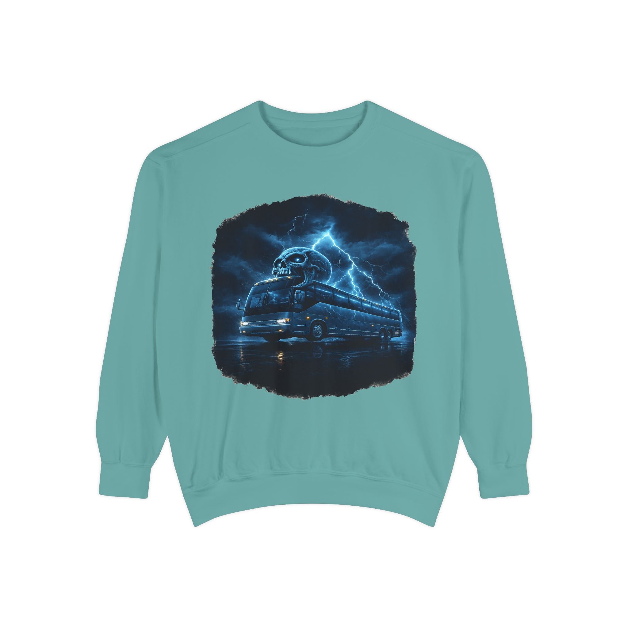 Ghostly Night Bus Sweatshirt — Haunted Storm Road Trip Crewneck