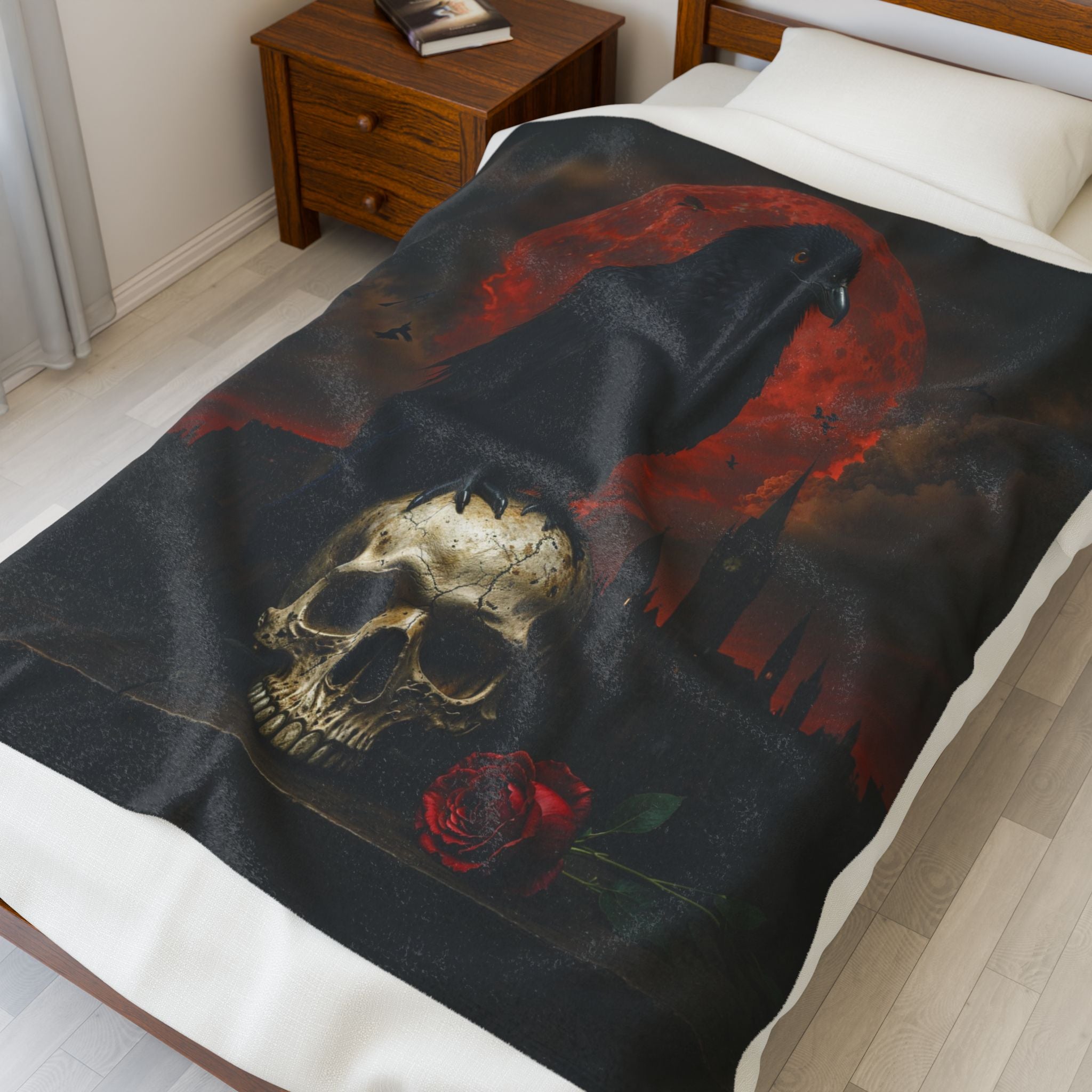 Raven on Skull Velveteen Blanket | Gothic Moon, Rose