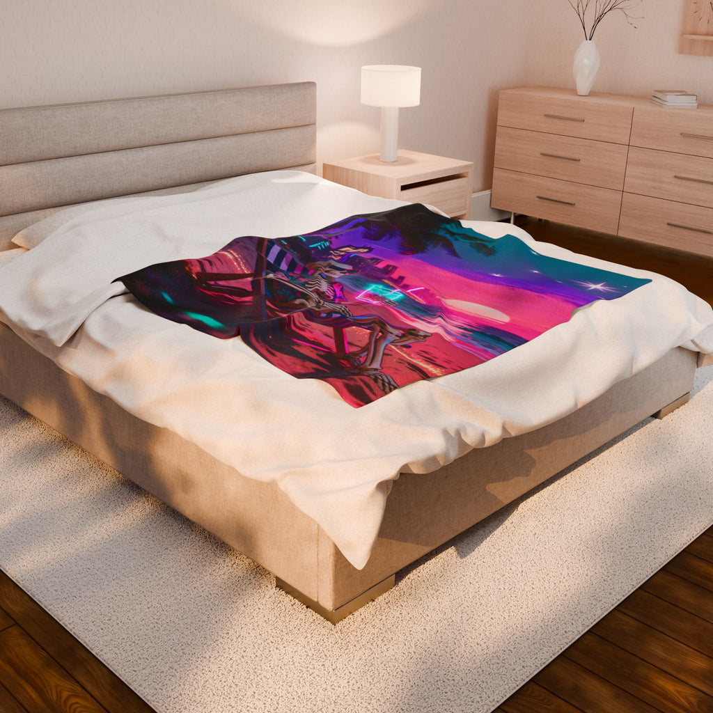 Neon Sunset Skeleton Beach Velveteen Plush Blanket