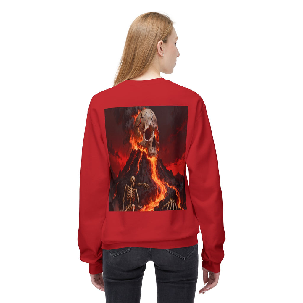Raven on Skull Crewneck Sweatshirt | Skull Volcano Back Print